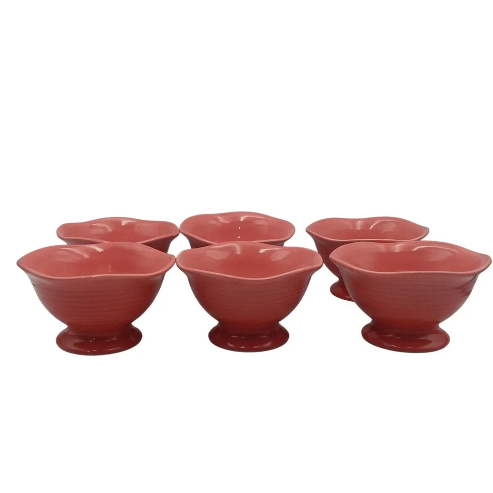 6 Crate & Barrel Ice‎ Cream Dessert Bowls Coral Pedestal Ribbed Sundae Summer